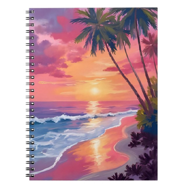 Caderno Espiral Paradise Sunset | Pink Tropical Watercolor Beach (Frente)