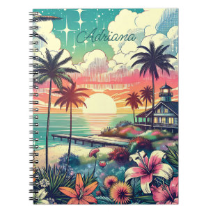 Caderno Espiral Paraíso Rosa e Turquesa Arte de Praia