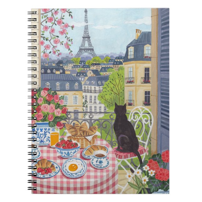 Caderno Espiral Paris Balcony Cat Breakfast Eiffel Tower Notebook (Frente)