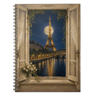Caderno Espiral Paris Eiffel Tower Full Moon Night Oil Painting