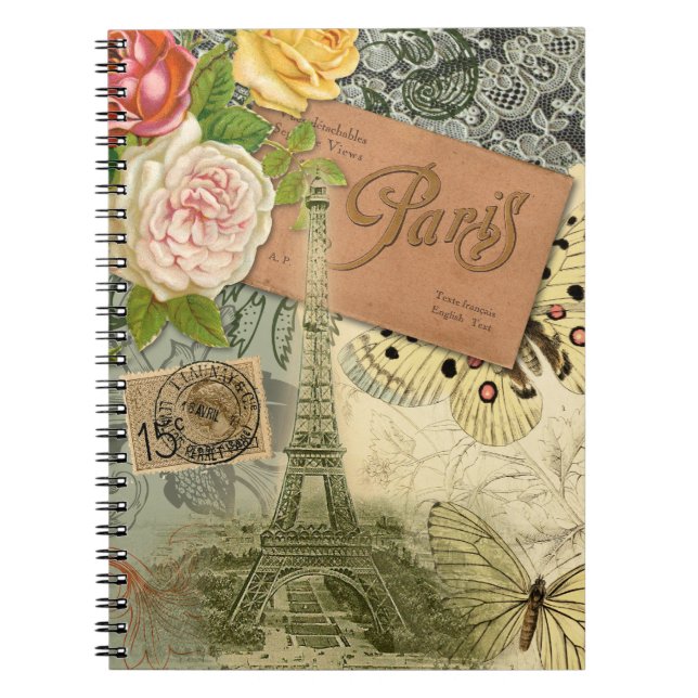 Caderno Espiral Paris France Antique Artwork Collage Eiffel French (Frente)