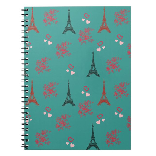 Caderno Espiral Paris Love Pattern – Eiffel Tower & Roses Seamless (Frente)