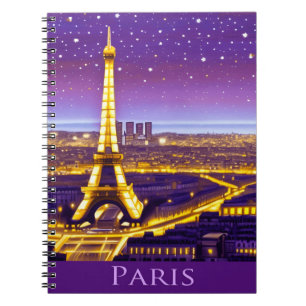 Caderno Espiral Paris sob um céu estrelado roxo
