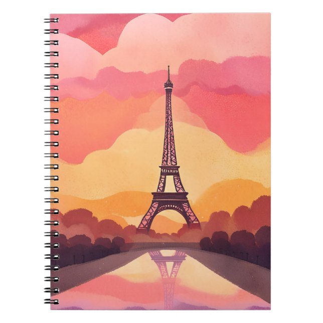 Caderno Espiral Paris Sunset | Eiffel Tower France Watercolor (Frente)