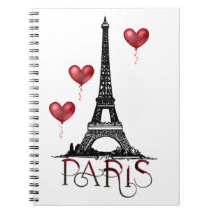 Caderno Espiral Paris, Torre Eiffel e Balões do Coração Vermelh