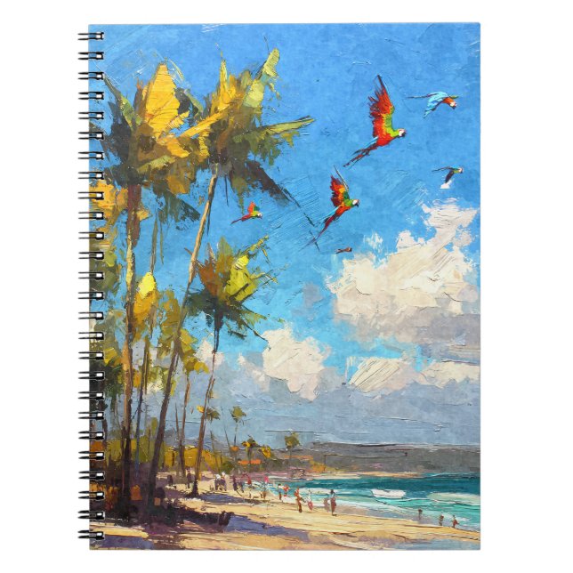 Caderno Espiral Parrots Soaring Tropical Palm Beach Art (Frente)