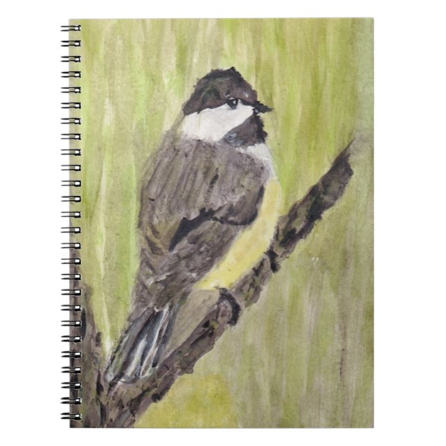 Caderno Espiral Pássaro Chickadee de casaco preto - pintura acríli (Frente)