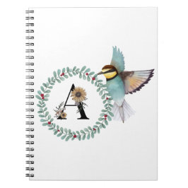 Caderno Espiral Pássaro com Wreath com a letra "A"
