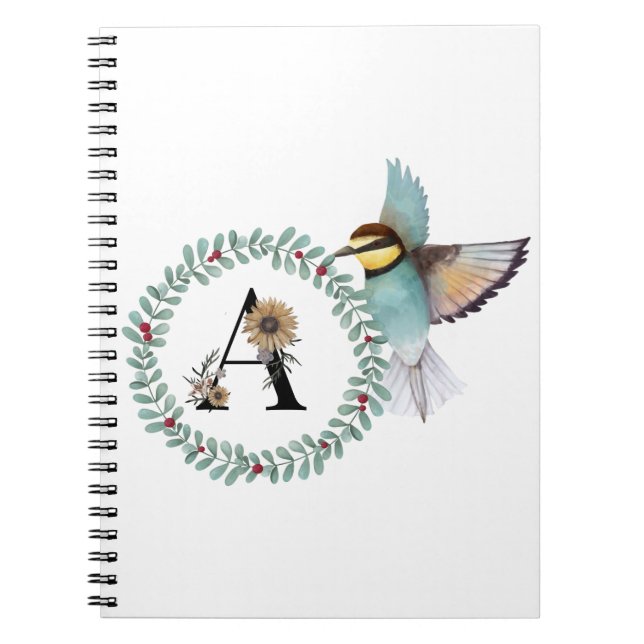 Caderno Espiral Pássaro com Wreath com a letra "A" (Frente)