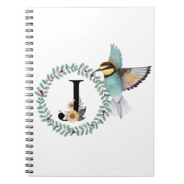 Caderno Espiral Pássaro com Wreath com a letra "J"