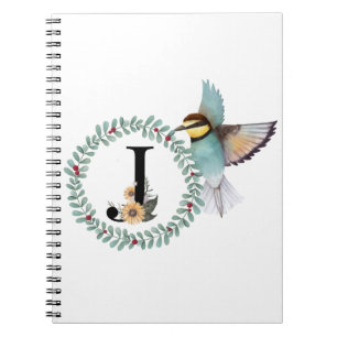 Caderno Espiral Pássaro com Wreath com a letra "J"