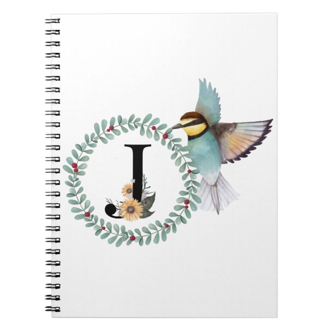 Caderno Espiral Pássaro com Wreath com a letra "J" (Frente)