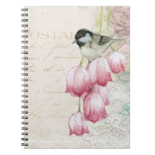 Caderno Espiral Pássaro e flores com vintage gasto da escrita