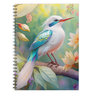 Caderno Espiral Pássaro Fantasia Branca, Iridescente, Teal Wing