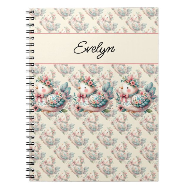 Caderno Espiral Pássaro Folclórico Floral com Charme Pastel Boho (Frente)