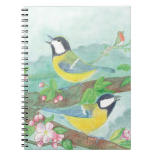 Caderno Espiral Pássaros cantando em um bloco de anzol florescente
