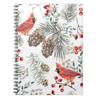 Caderno Espiral Pássaros Cardinais Padrão de Vintagem de Natal