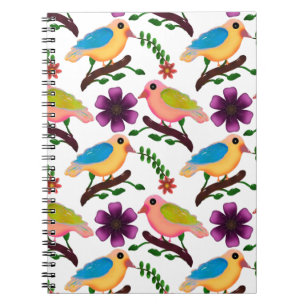 Caderno Espiral Pássaros coloridos fofos Padrão Floral