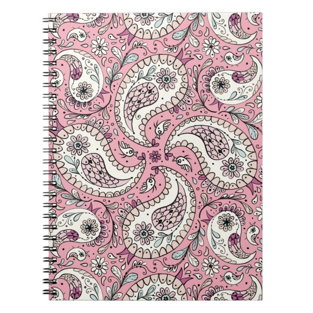 Caderno Espiral Pássaros da Paisley em rosa-bebê (Frente)