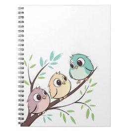 Caderno Espiral Pássaros de Desenho Animado Fofos em Galho de Árvo
