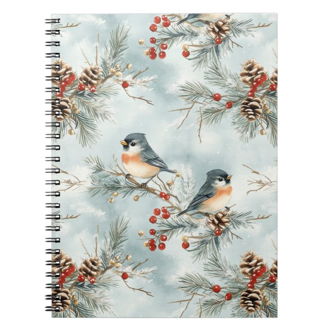 Caderno Espiral Pássaros de inverno com Pinecones e neve (Frente)