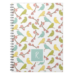 Caderno Espiral Pássaros e Blooms Aquarela Desenho Monograma