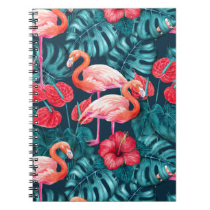 Caderno Espiral Pássaros Flamingo e aquarela de jardim tropical