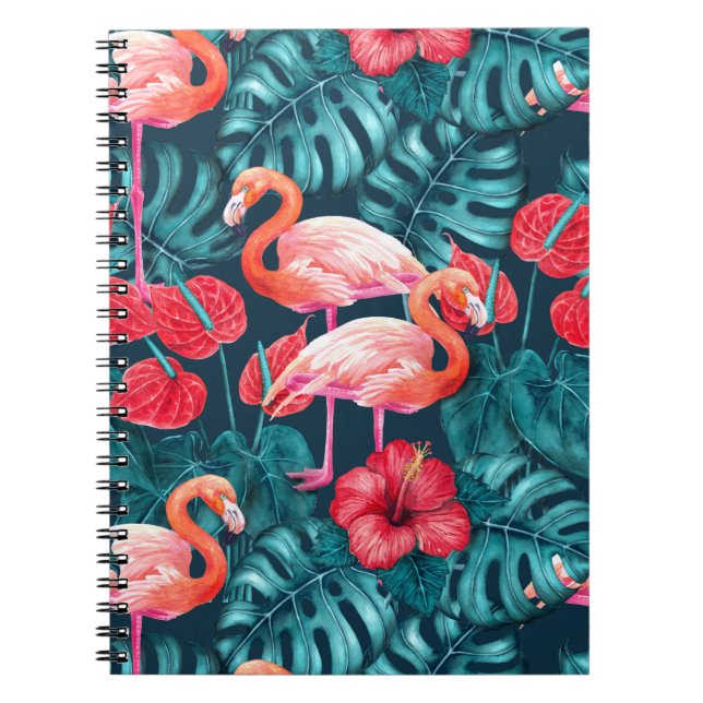 Caderno Espiral Pássaros Flamingo e aquarela de jardim tropical (Frente)