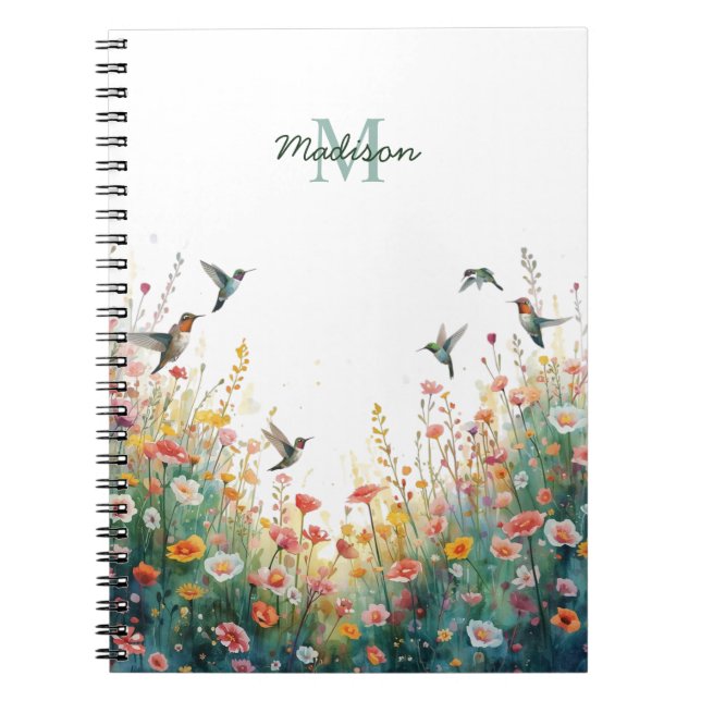 Caderno Espiral Pássaros Florais de Aquarela de Primavera Monogram (Frente)