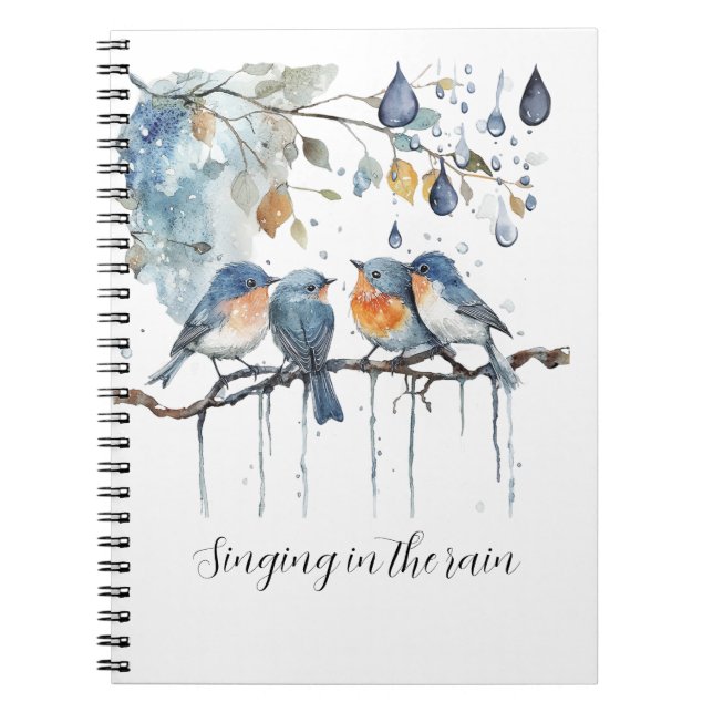 Caderno Espiral Pássaros Laranja Azul Cantando na Chuva (Frente)
