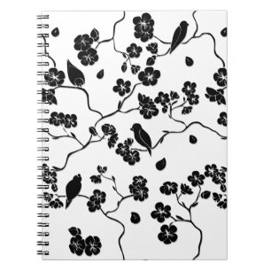Caderno Espiral Pássaros Pretos e Brancos com Padrões de Cereja