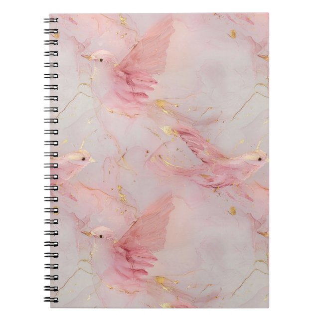 Caderno Espiral Pássaros Rosa Bege Dourado   (Frente)