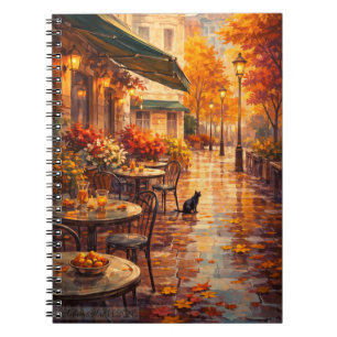 Caderno Espiral Passeio de Outono no Café com Gato   Aconchegante 