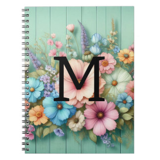 Caderno Espiral Pastas de monograma com aquarela flores em madeira