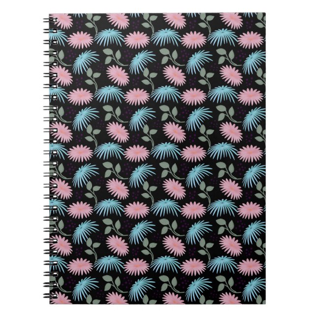 Caderno Espiral Pastel Floral Pattern on Black Background | Cute D (Frente)