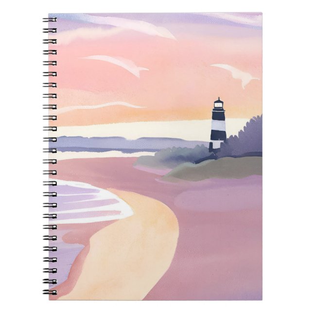 Caderno Espiral Pastel Lighthouse | Coastal Beach Shore Watercolor (Frente)