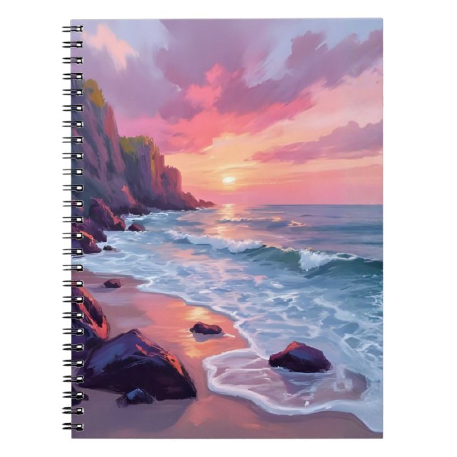 Caderno Espiral Pastel Pink Beach Sunset Ocean Waves Watercolor (Frente)