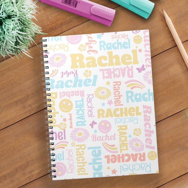 Caderno Espiral Pastel preppy smilie faces star nome personalizado (Criador carregado)
