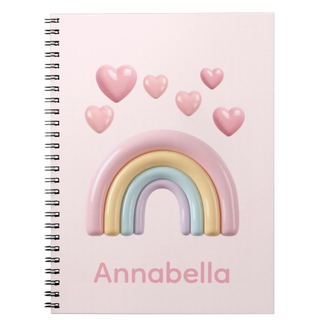 Caderno Espiral Pastel Rainbow and Hearts with Pink Custom Name (Frente)