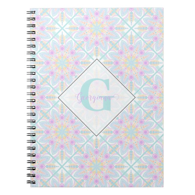 Caderno Espiral Pastel Rainbow Floral Mandala Personalizado (Frente)