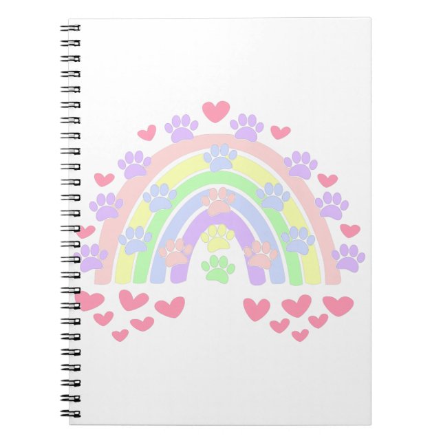 Caderno Espiral Pastel Rainbow Hearts and Dog Paw Prints (Frente)