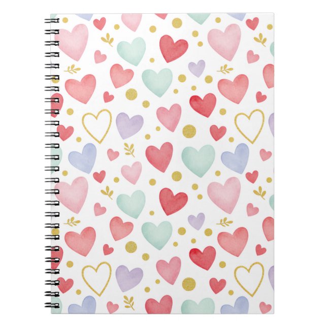 Caderno Espiral Pastel Watercolor Hearts with Gold Leaf & Glitter  (Frente)