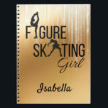 Caderno Espiral Pastilha Dourada da garota de patinação no noteboo<br><div class="desc">Dourado icle Notebook personalizado para garota de patinação artística - um belo presente de patinação artística para criar um diário, desenhar ou anotar sobre prática! Cores: preto sobre fundo Dourado de gelo. Design: "Garota patinadora" silhuetas de patinadora em vez de letras personalize com o nome do skater. Projetado por iceskatingpassion.com....</div>