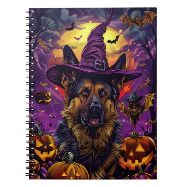Caderno Espiral Pastor Alemão Assustador Bruxas de Halloween Abóbo (Frente)