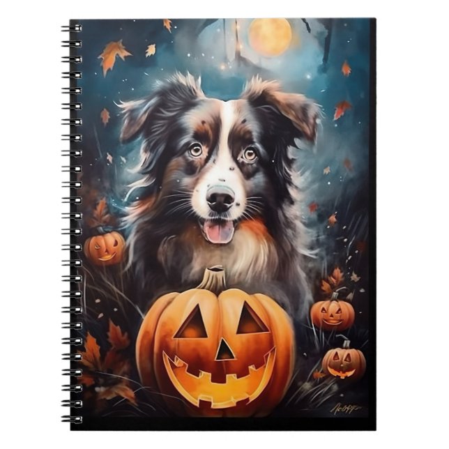 Caderno Espiral Pastor Australiano Halloween Com Pumpkins Assustad (Frente)