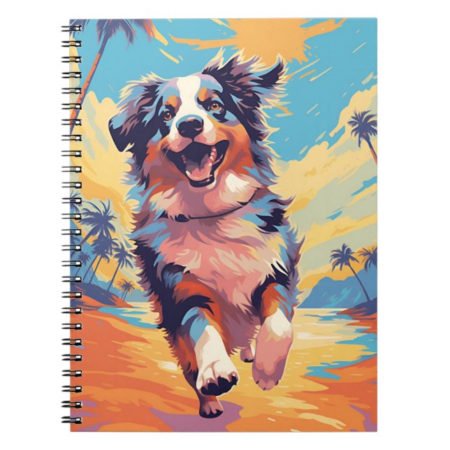Caderno Espiral Pastor australiano numa praia tropical (Frente)