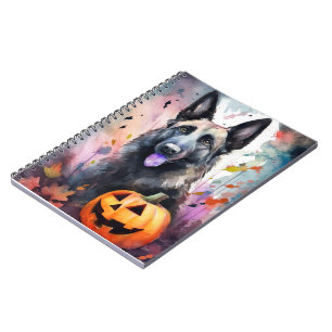 Caderno Espiral Pastor Belga Halloween Com Pumpkins Assustado
