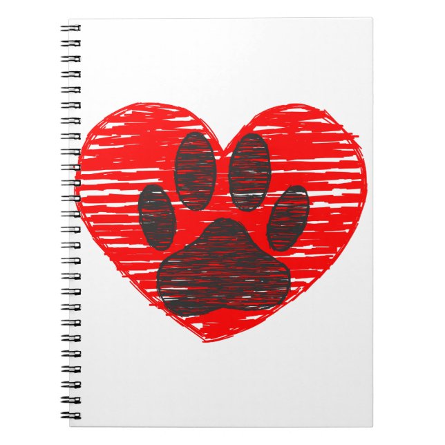 Caderno Espiral Pata De Cães Desenhada No Coração Vermelho (Frente)