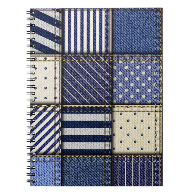 Caderno Espiral Patchwork de Denim Azul (Frente)