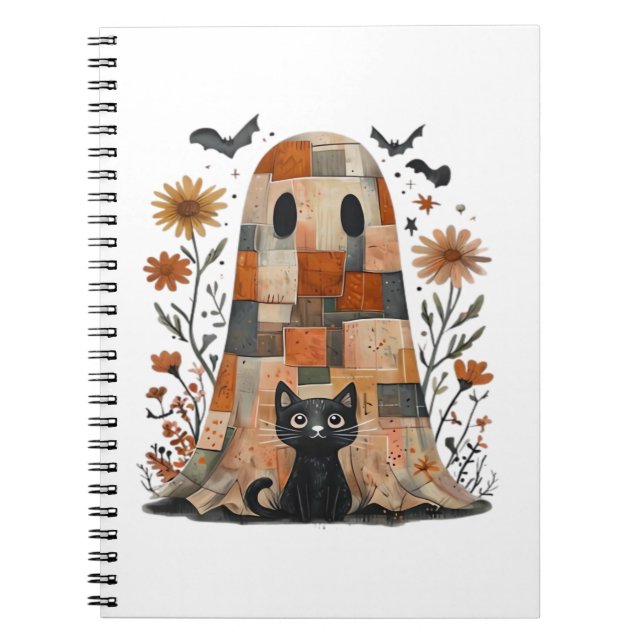 Caderno Espiral Patchwork Halloween Ghost and Cat, Retro Spooky F (Frente)